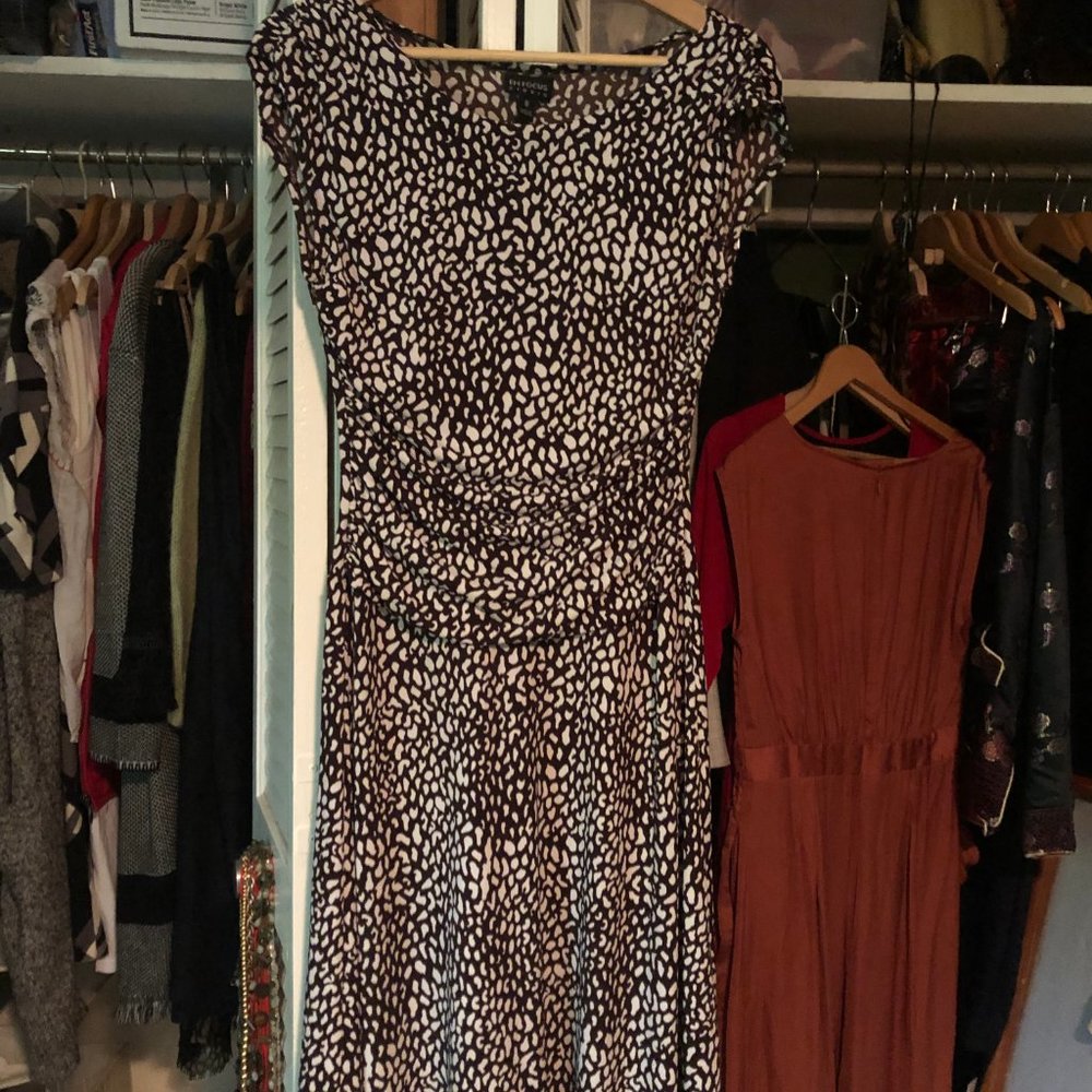 Brown and ivory ruched waist dress with cap sleeves